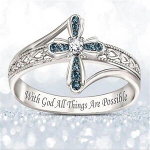 SILVER CROSS RING WITH BLUE AND WHITE RHINESTONES